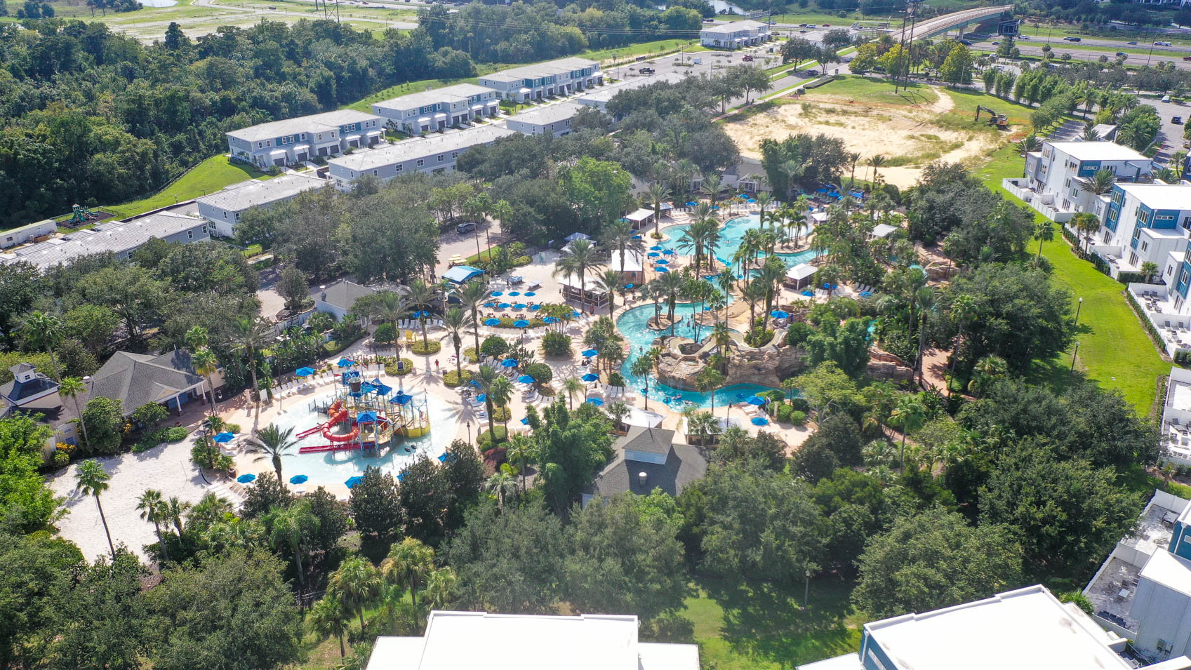 drone shot of water park in reunion resort